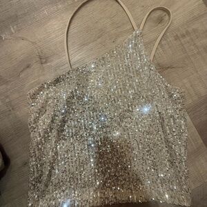 ✨ Know One Cares Champagne Sequin One-Shoulder Tank‎ Top ✨
